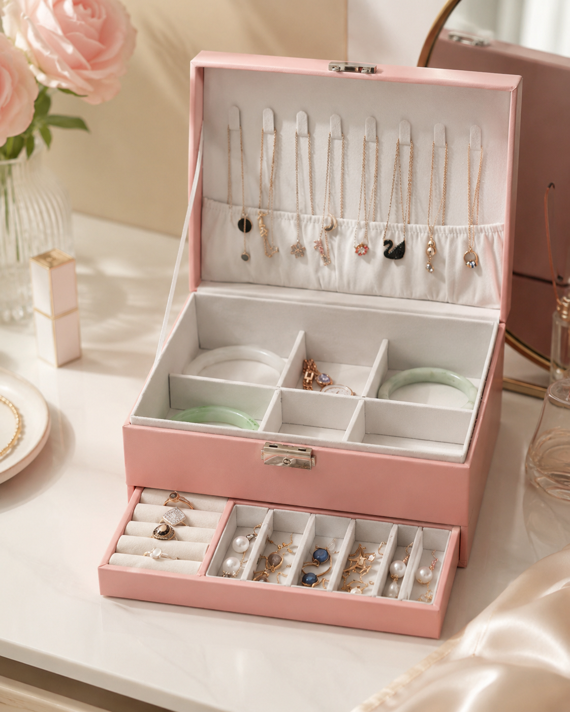 Boîte à Bijoux Rose avec Tiroir et Porte-Colliers