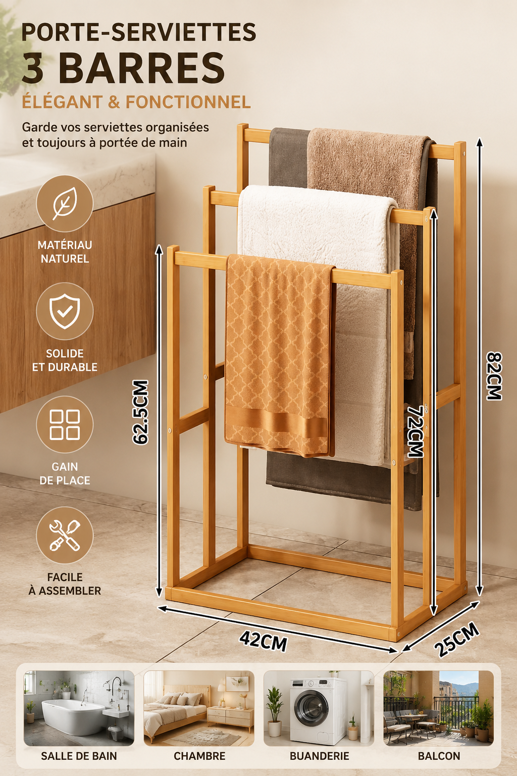 Porte-Serviettes en Bambou 3 Niveaux