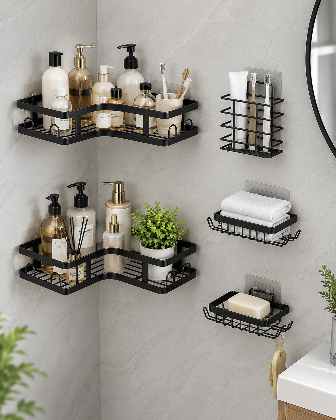 Étagères Murales Salle de Bain Noires Sans Perçage