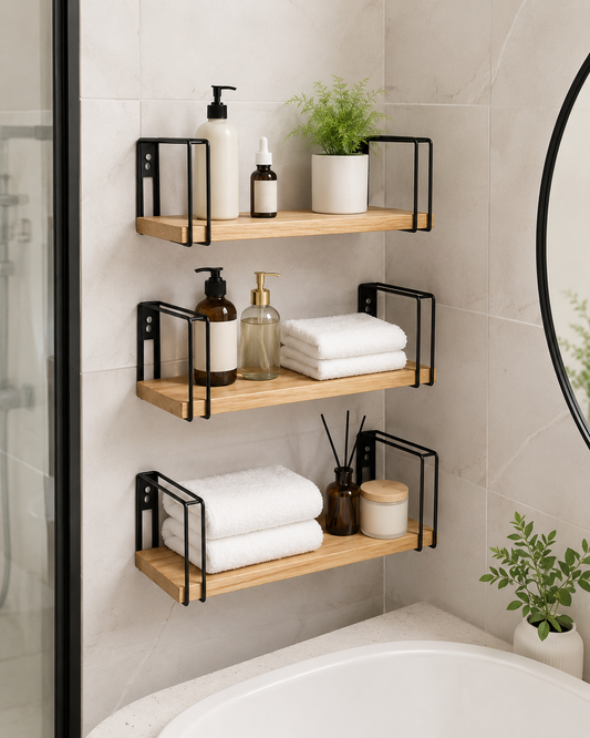 Étagères Murales Salle de Bain en Bois avec Supports Noirs