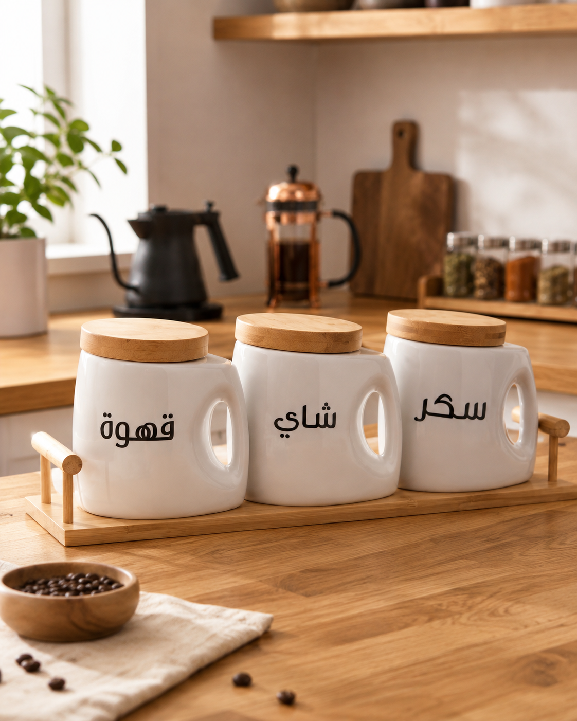 Set 3 Pots Cuisine avec Support Bois – Café, Thé et Sucre
