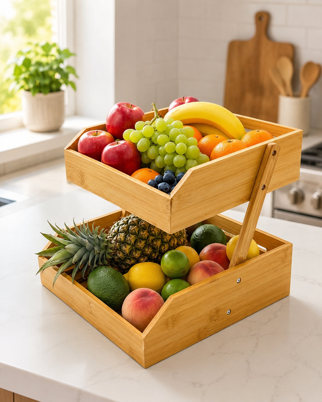 Corbeille à Fruits 2 Niveaux en Bambou