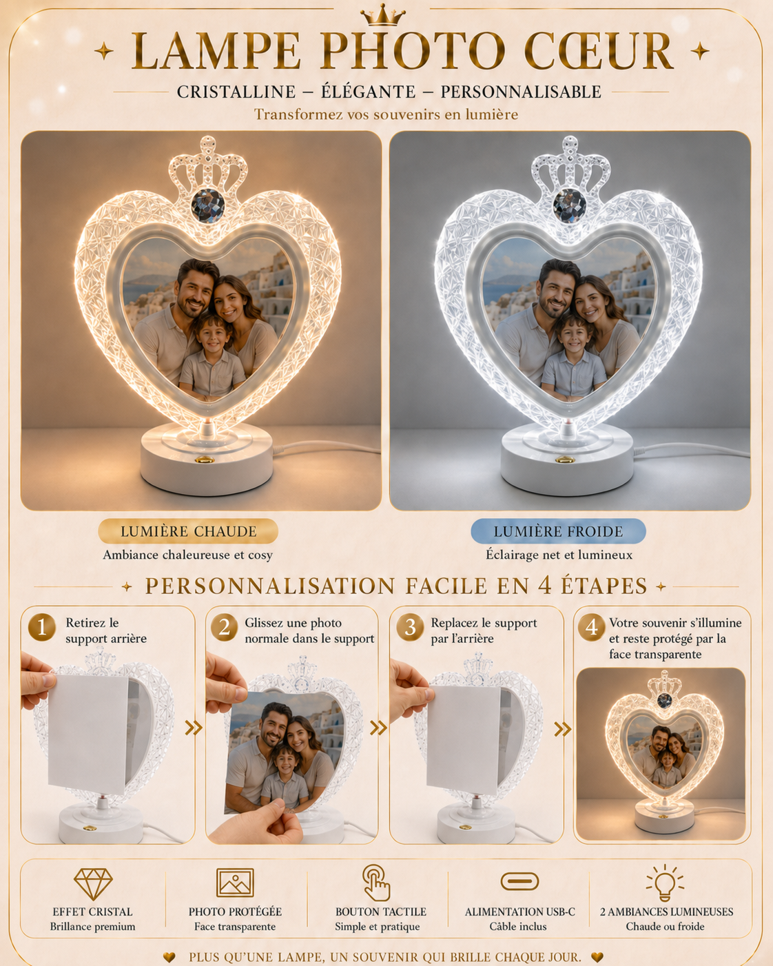 Lampe Photo LED Cœur – Effet Cristal