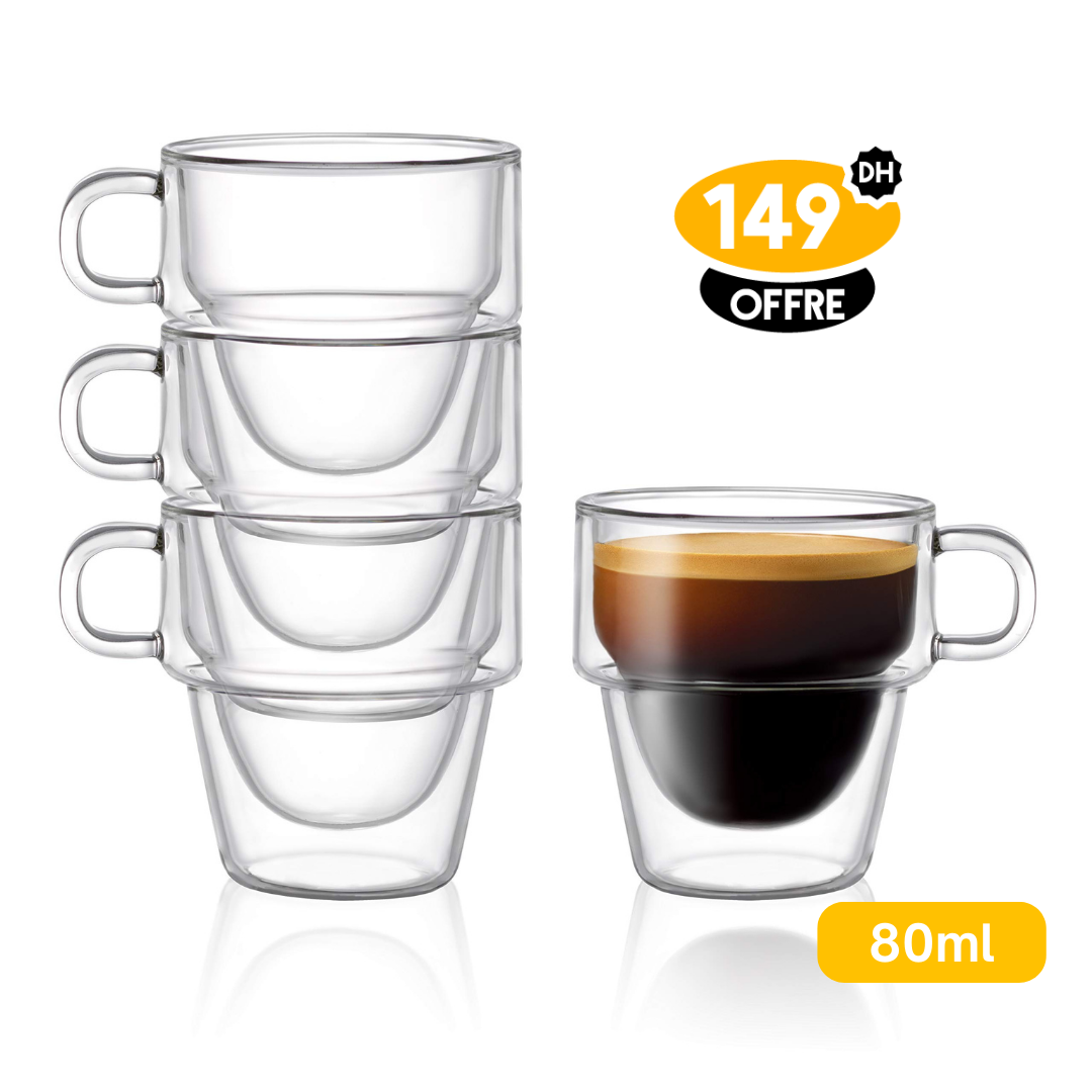 Ensemble de 4 tasses à expresso en verre à double paroi 80ml