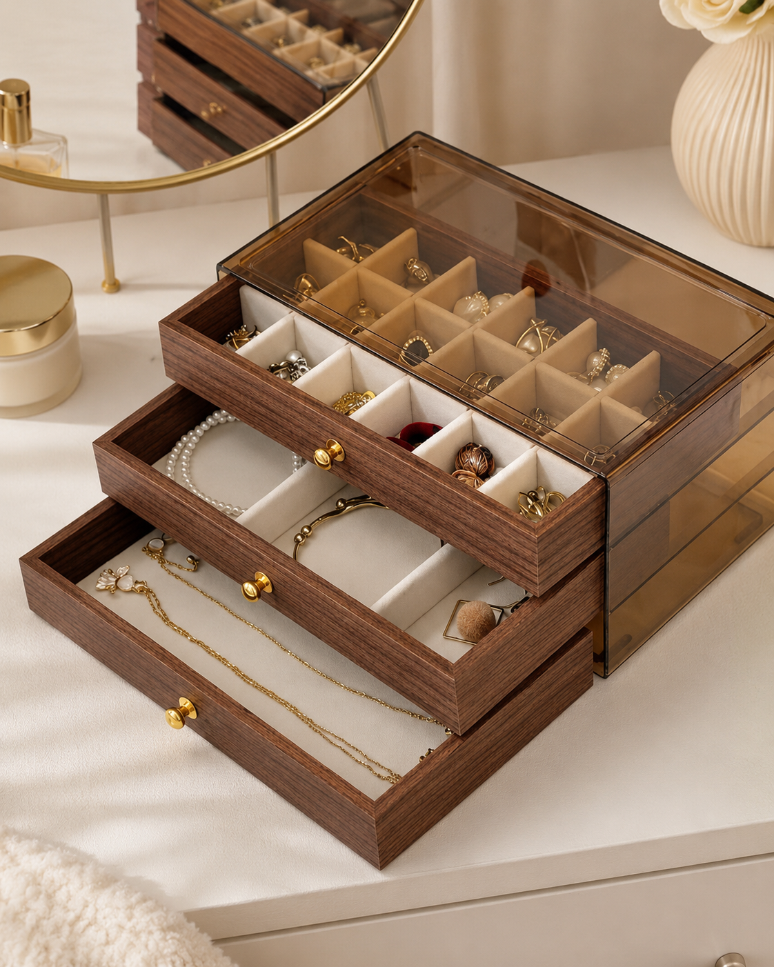 Boîte à Bijoux Multi-Tiroirs Effet Bois