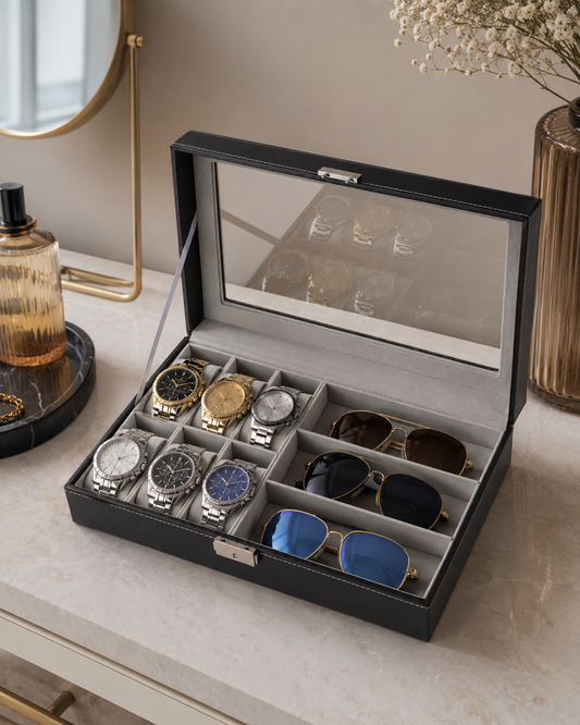 Coffret Rangement Montres et Lunettes avec Couvercle Transparent